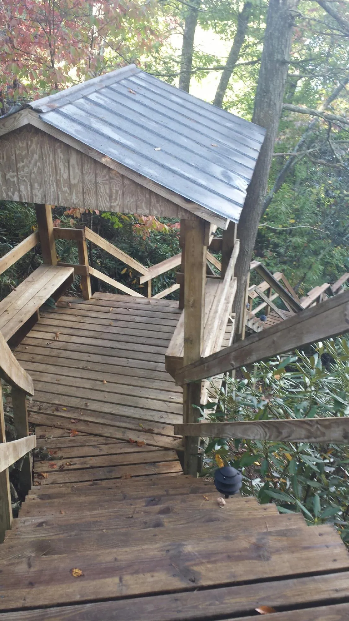 Metal roofed shelter over wooden steps on a wooded walkway — Skylight Repair & Installation work by our crew in Morton
